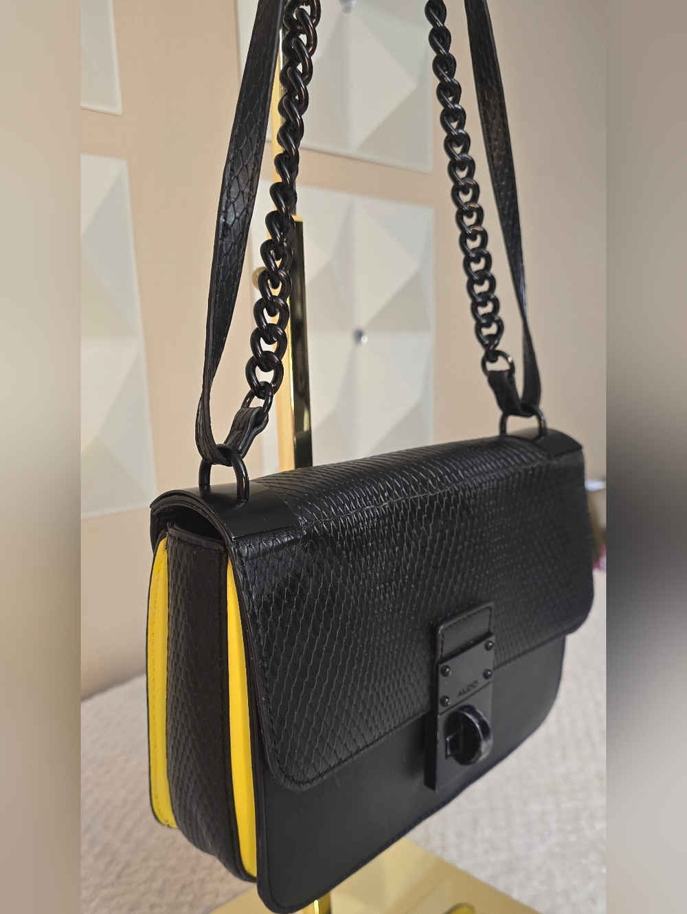 ALDO Black Textured Chain Strap Crossbody Bag | Neon Yellow Accent